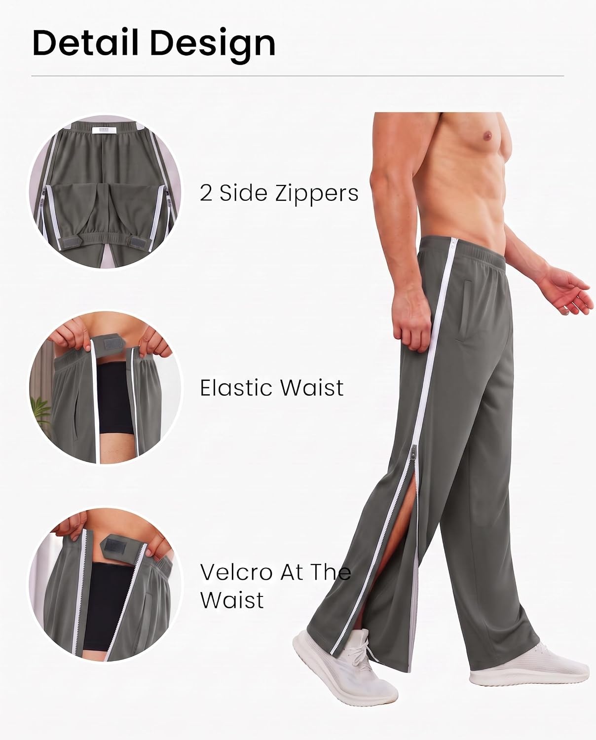 image:imageDeyeek Tear Away Pants for Men Post Surgery 2 Side Zippers SweatpantsGrey