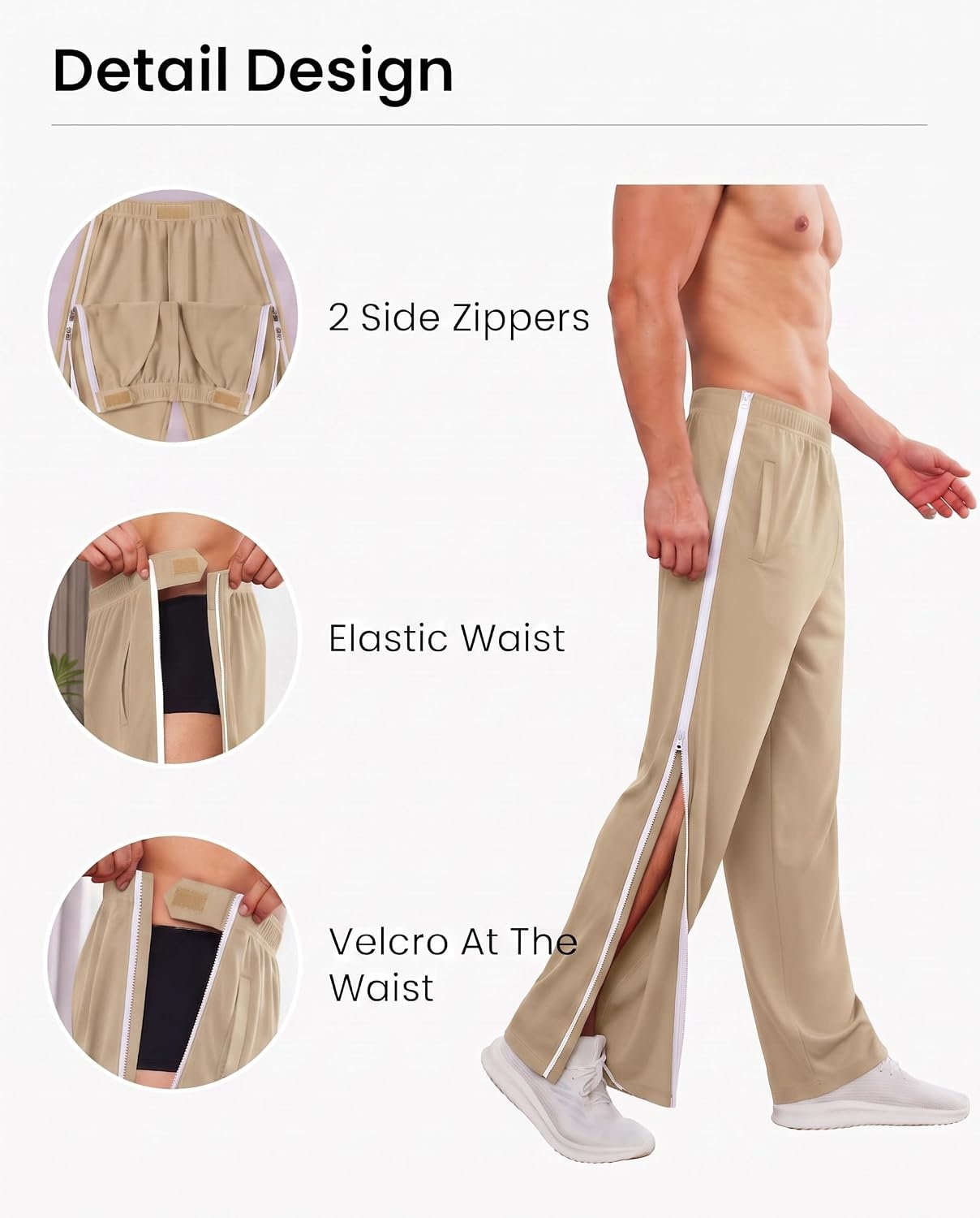 image:imageDeyeek Tear Away Pants for Men Post Surgery 2 Side Zippers SweatpantsKhaki