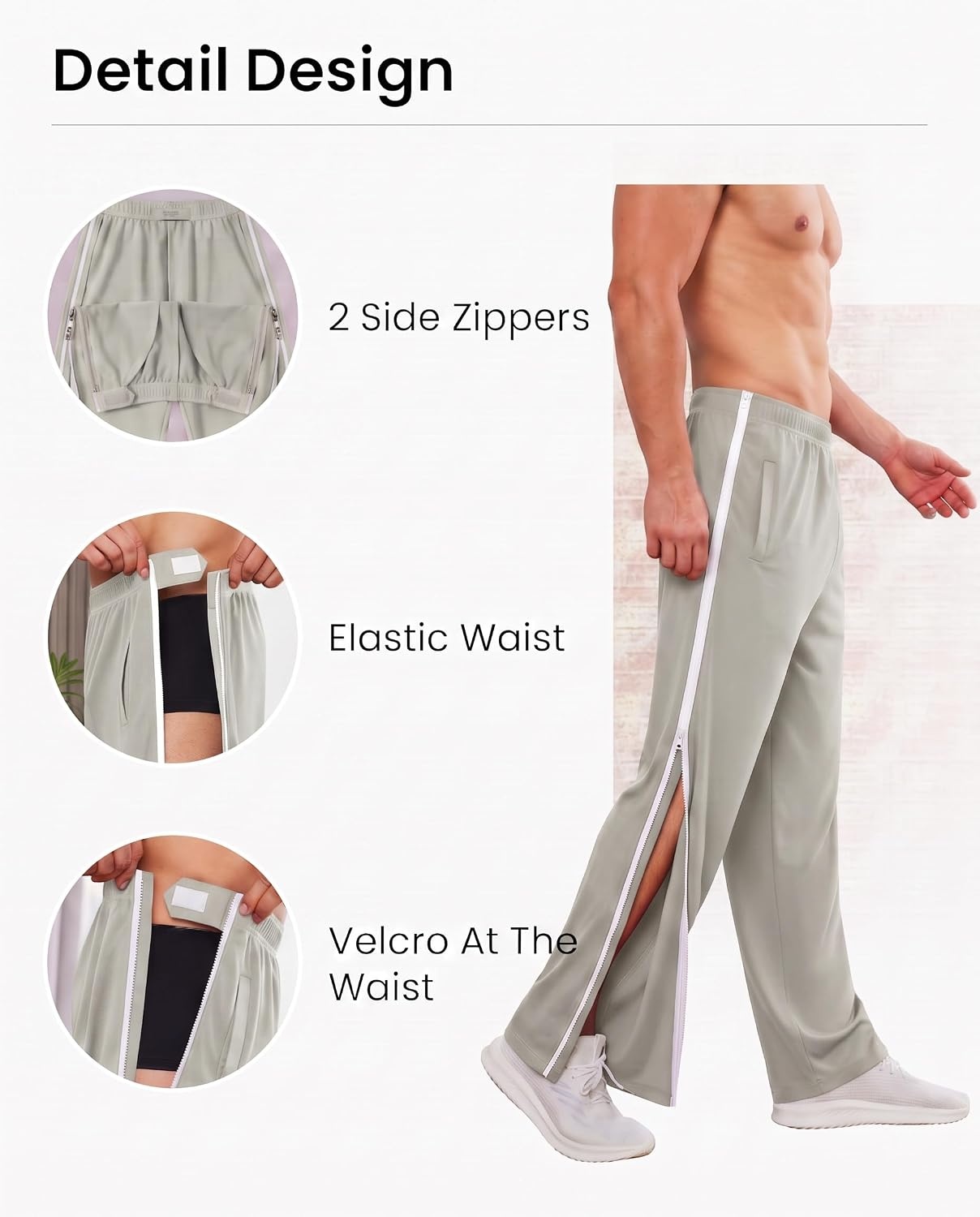 image:imageDeyeek Tear Away Pants for Men Post Surgery 2 Side Zippers SweatpantsLight Grey