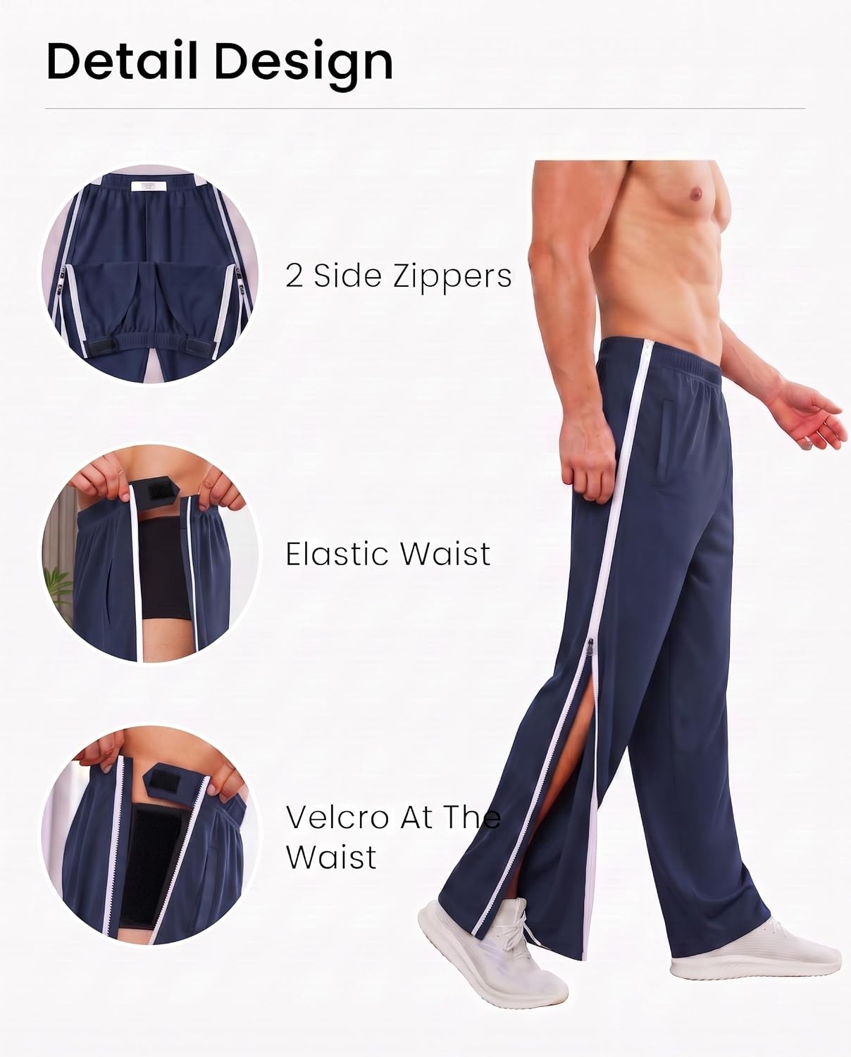image:imageDeyeek Tear Away Pants for Men Post Surgery 2 Side Zippers SweatpantsNavy Blue