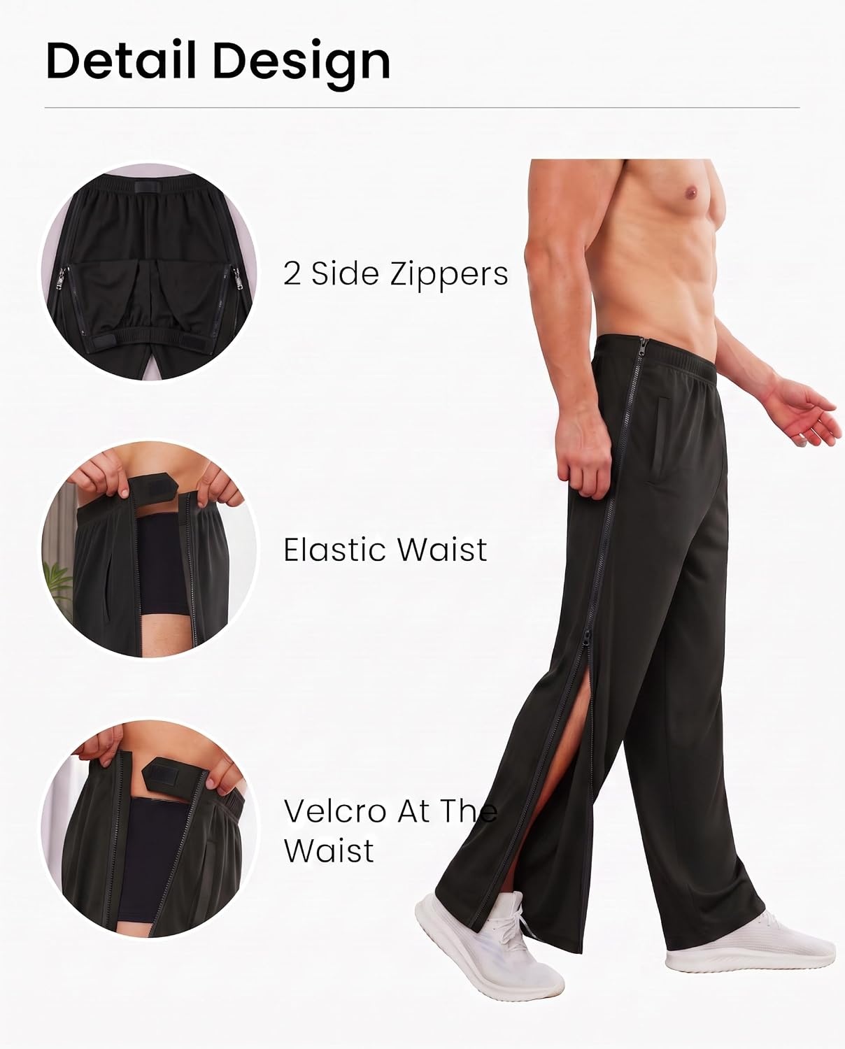 image:imageDeyeek Tear Away Pants for Men Post Surgery 2 Side Zippers SweatpantsPure Black