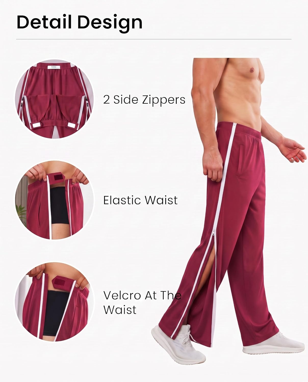 image:imageDeyeek Tear Away Pants for Men Post Surgery 2 Side Zippers SweatpantsRed