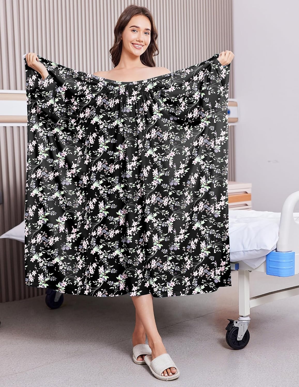 image:imageDeyeek Hospital Gowns for Women Open Back Adaptive Clothing Lounge DressBlack Flower Print