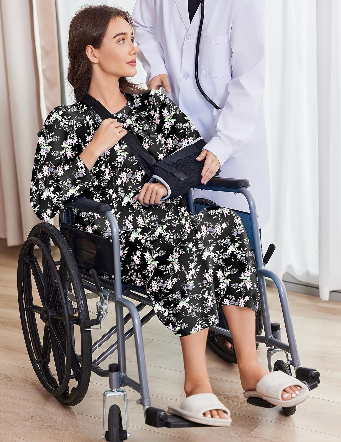 image:imageDeyeek Hospital Gowns for Women Open Back Adaptive Clothing Lounge DressBlack Flower Print