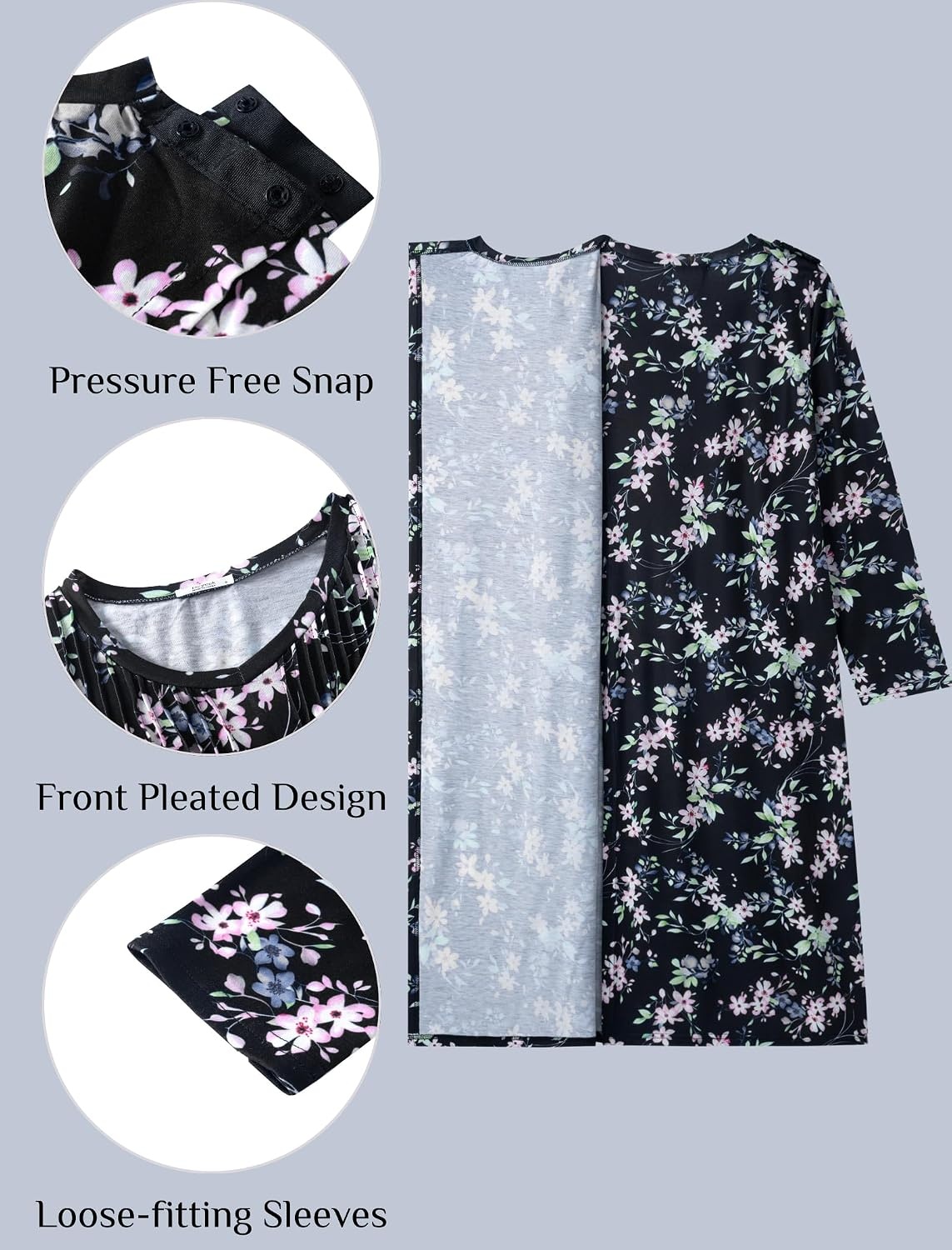 image:imageDeyeek Hospital Gowns for Women Open Back Adaptive Clothing Lounge DressBlack Flower Print