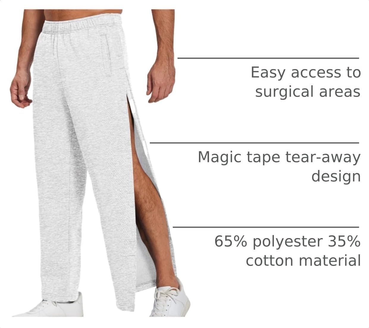 image:imageDeyeek Mens Fleece Tear Away Pants Side Hook and Loop for Post SurgeryWhite Grey