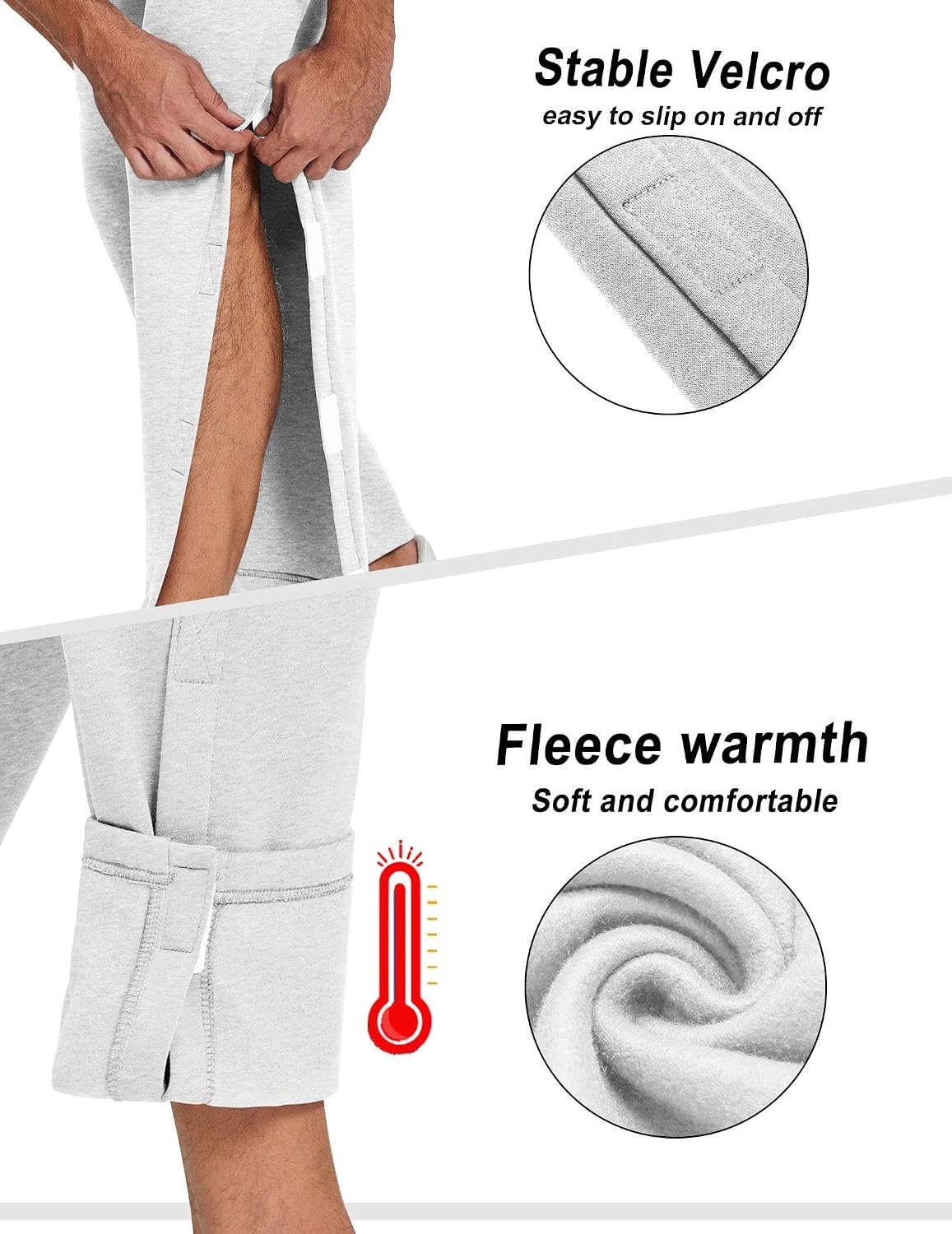 image:imageDeyeek Mens Fleece Tear Away Pants Side Hook and Loop for Post SurgeryWhite Grey
