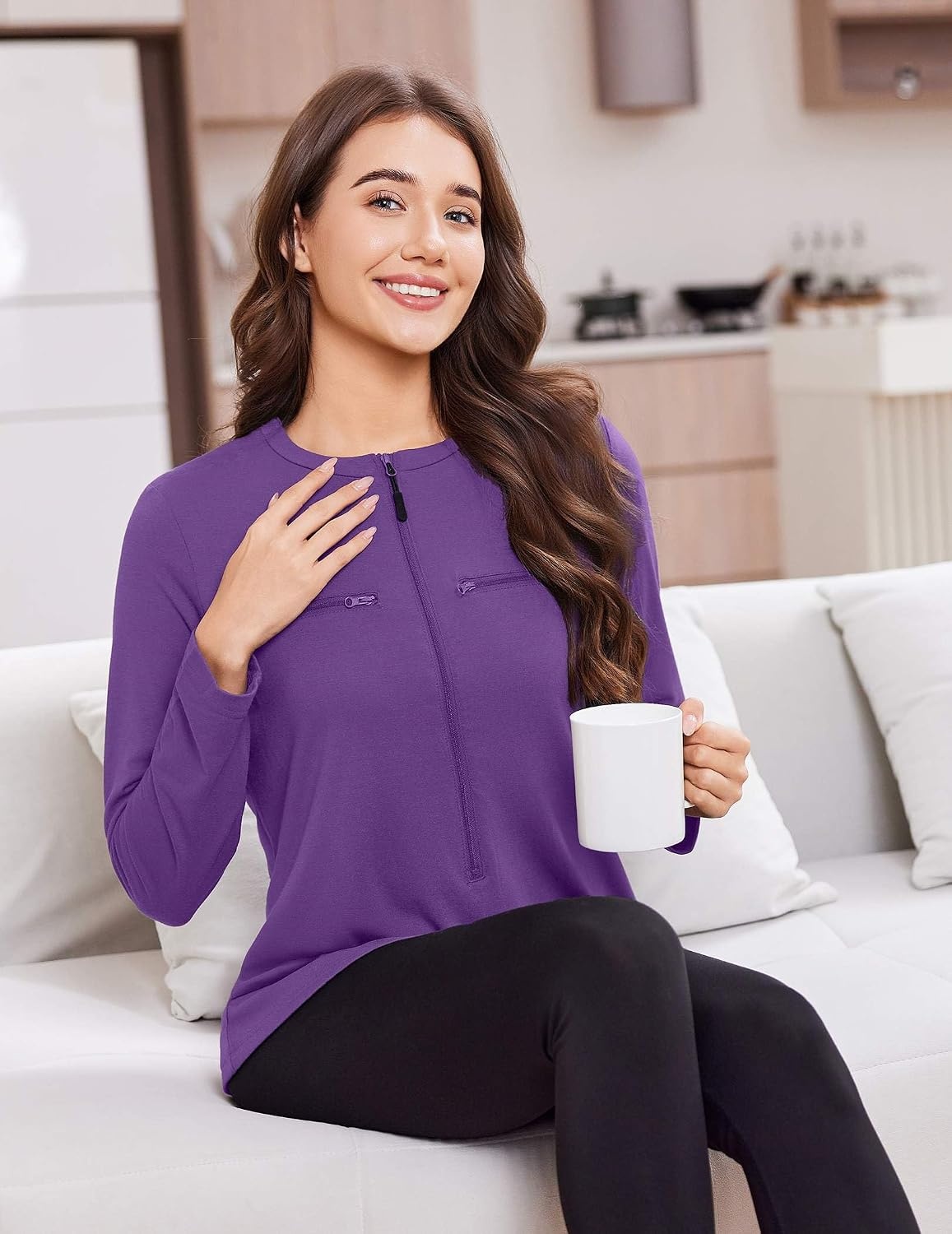 image:imageDeyeek Womens Long Sleeve Chemo Shirts Port Access Chemotherapy ApparelDark Purple
