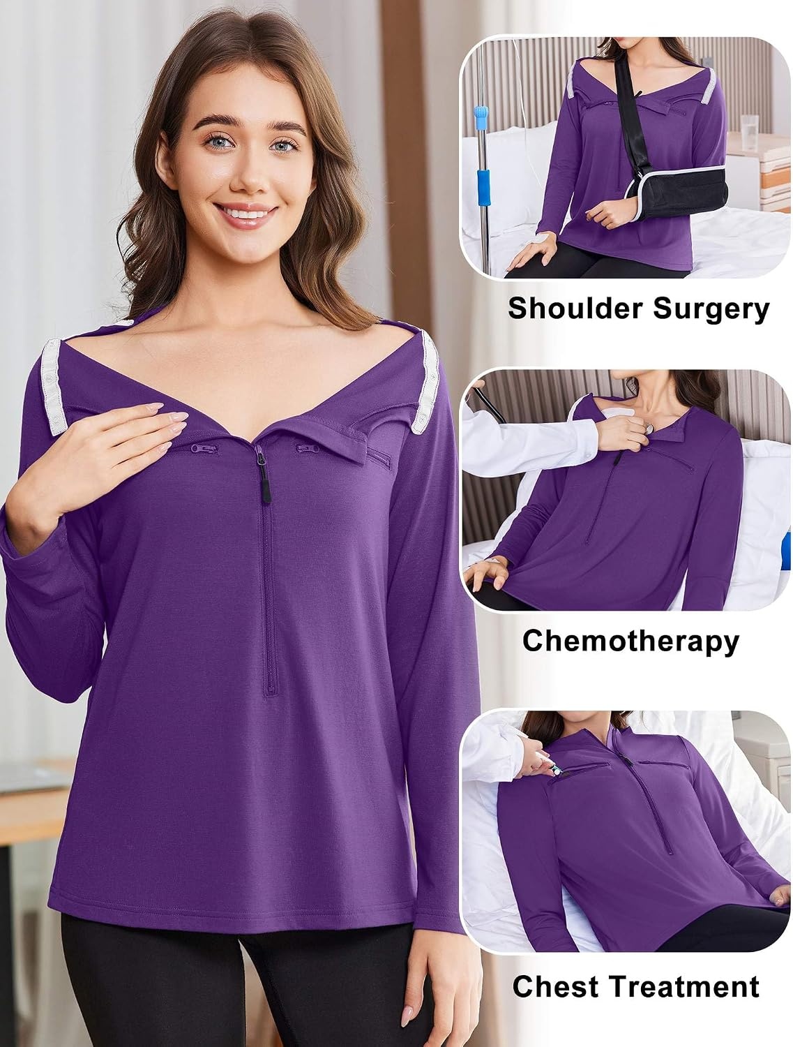 image:imageDeyeek Womens Long Sleeve Chemo Shirts Port Access Chemotherapy ApparelDark Purple