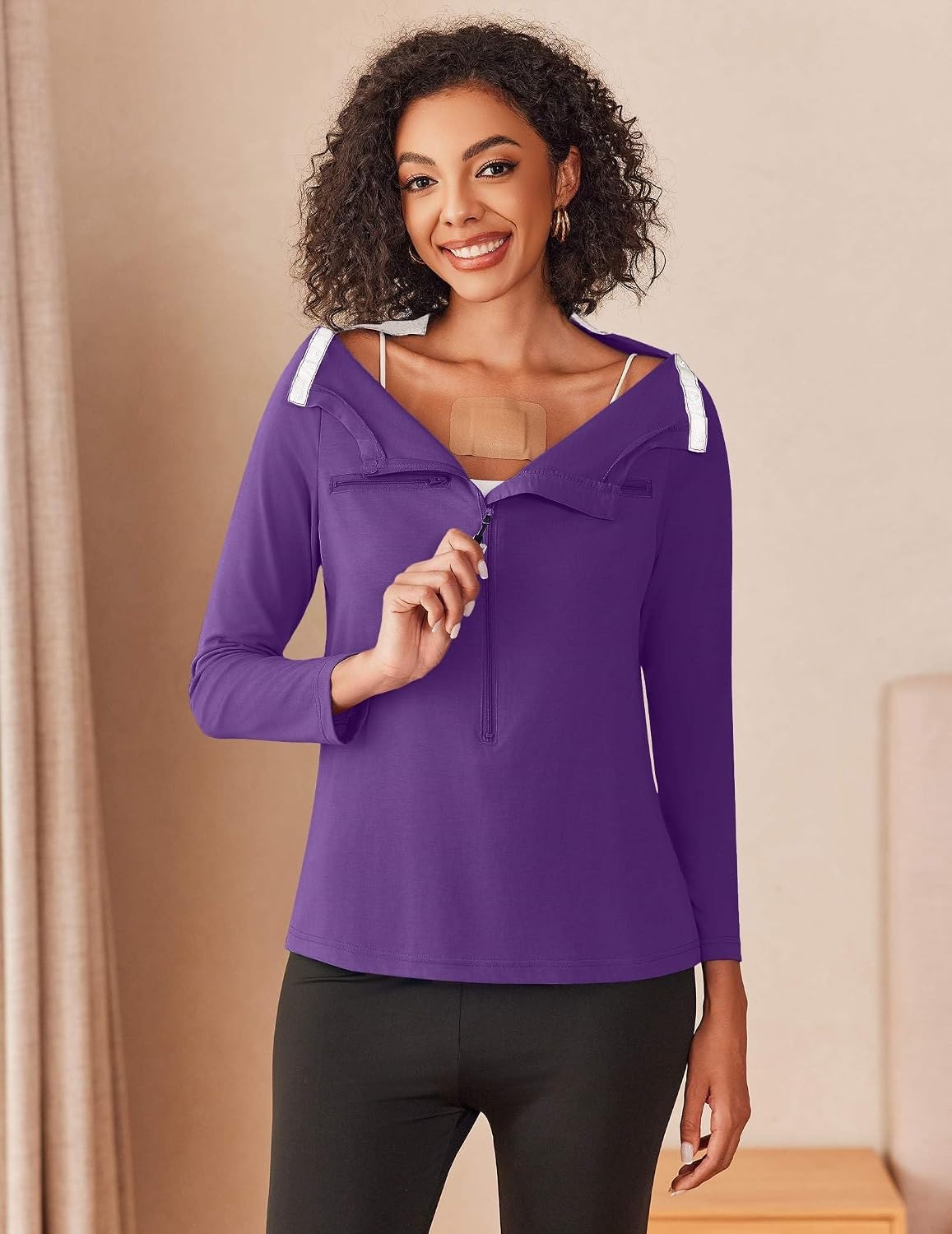 image:imageDeyeek Womens Long Sleeve Chemo Shirts Port Access Chemotherapy ApparelDark Purple