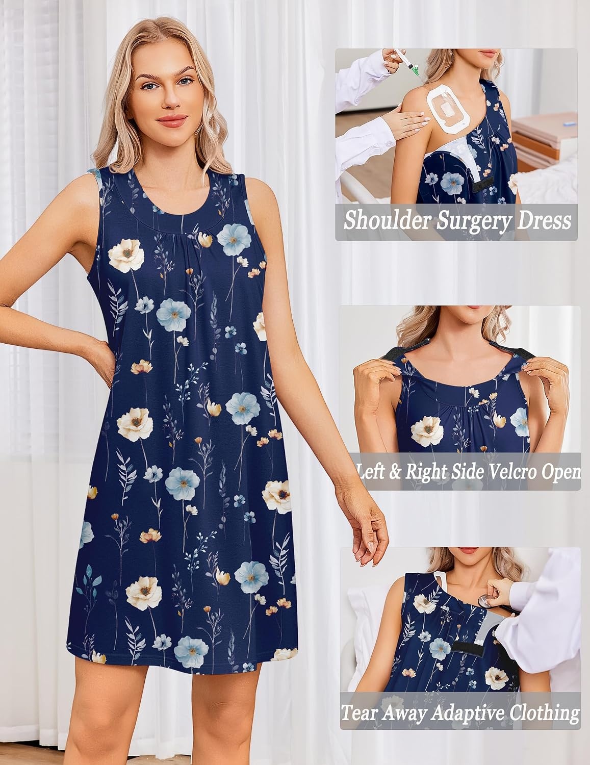 image:imageDeyeek Womens Post Shoulder Surgery Dress Tear Away Sleeveless DressNavy Blue Print