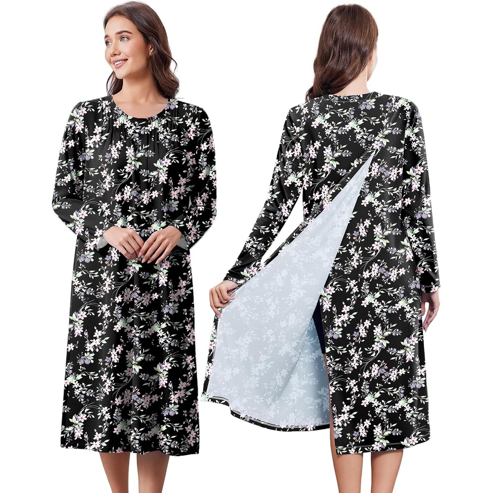 image:imageDeyeek Hospital Gowns for Women Open Back Adaptive Clothing Lounge DressBlack Flower Print
