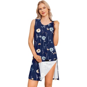 Deyeek Women’s Post Shoulder Surgery Dress Tear Away Sleeveless Dress(Navy Blue Print)