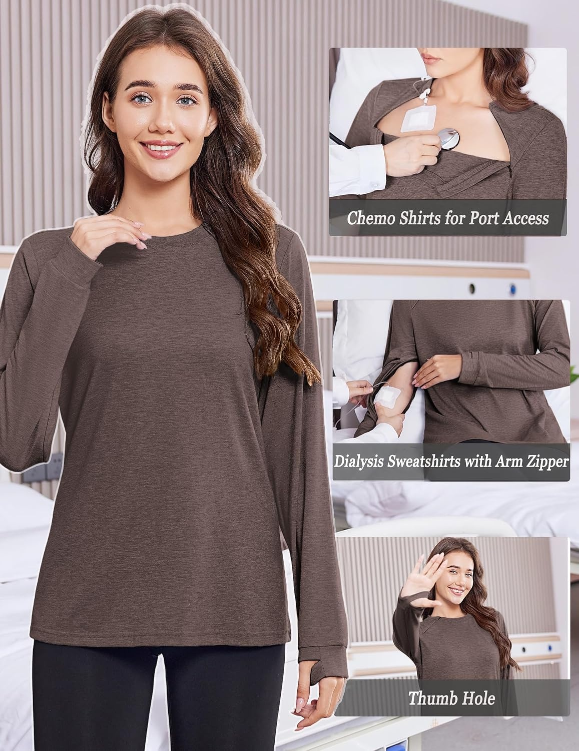 image:imageDeyeek Chemo Shirts for Port Access Women Long Sleeve Shoulder Post Surgery Shirt Dialysis Sweatshirts with Arm ZipperBrown