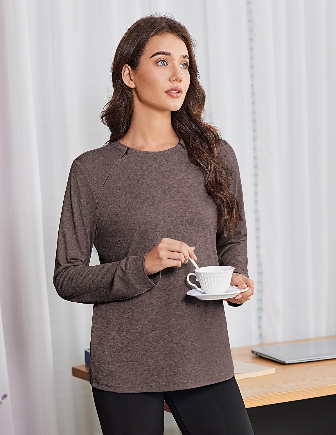 image:imageDeyeek Chemo Shirts for Port Access Women Long Sleeve Shoulder Post Surgery Shirt Dialysis Sweatshirts with Arm ZipperBrown