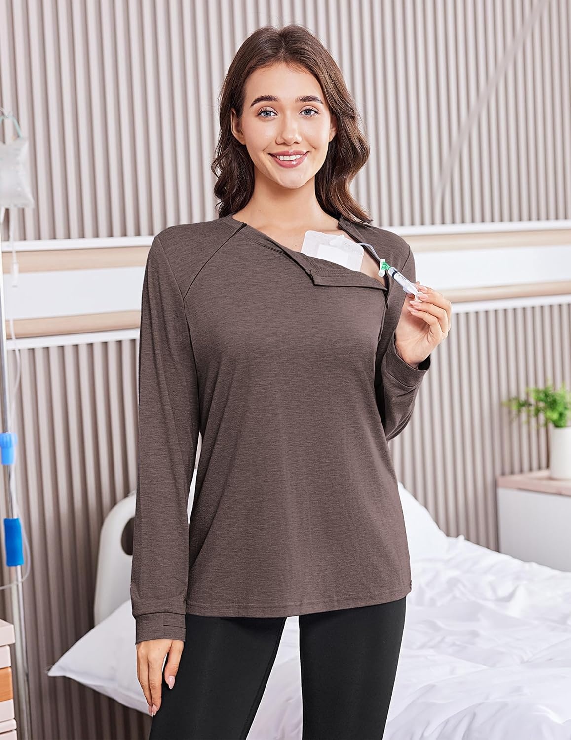 image:imageDeyeek Chemo Shirts for Port Access Women Long Sleeve Shoulder Post Surgery Shirt Dialysis Sweatshirts with Arm ZipperBrown