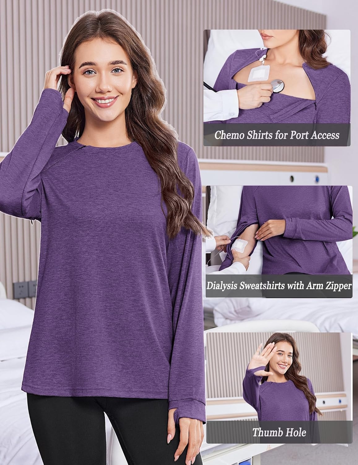 image:imageDeyeek Chemo Shirts for Port Access Women Long Sleeve Shoulder Post Surgery Shirt Dialysis Sweatshirts with Arm ZipperDeep Purple