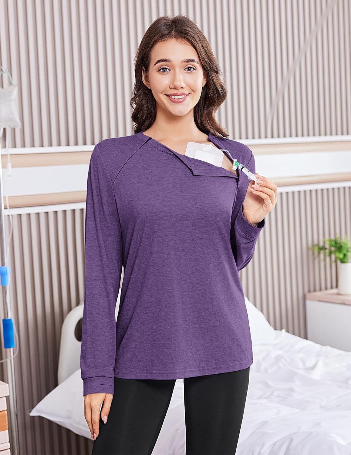 image:imageDeyeek Chemo Shirts for Port Access Women Long Sleeve Shoulder Post Surgery Shirt Dialysis Sweatshirts with Arm ZipperDeep Purple