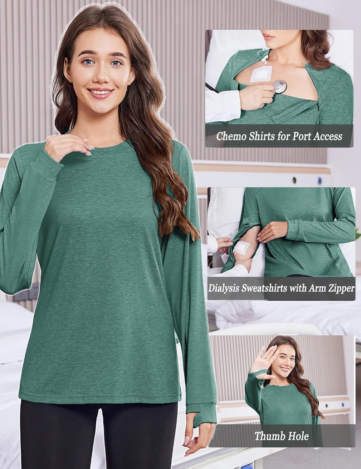 image:imageDeyeek Chemo Shirts for Port Access Women Long Sleeve Shoulder Post Surgery Shirt Dialysis Sweatshirts with Arm ZipperGreen