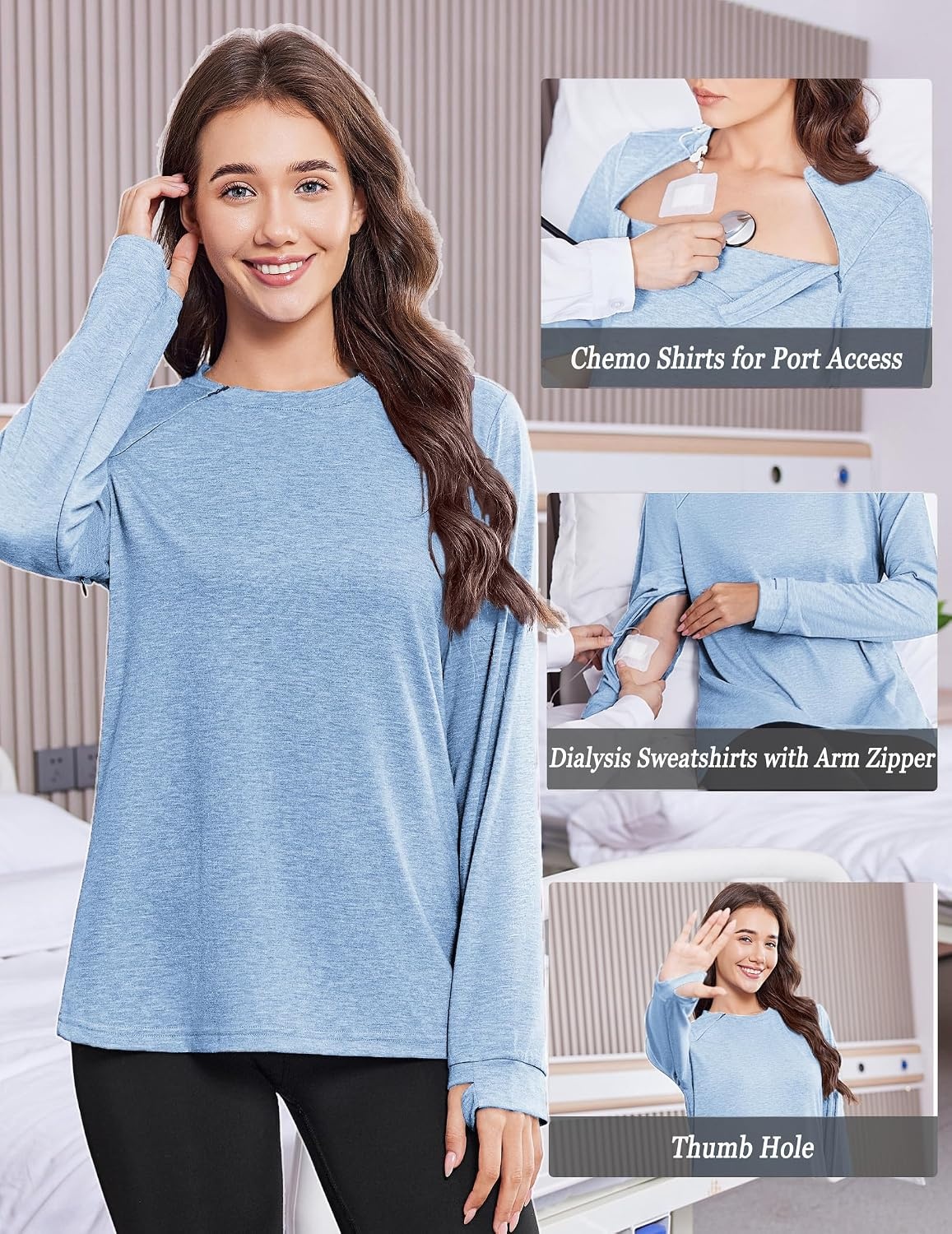 image:imageDeyeek Chemo Shirts for Port Access Women Long Sleeve Shoulder Post Surgery Shirt Dialysis Sweatshirts with Arm ZipperLight Blue