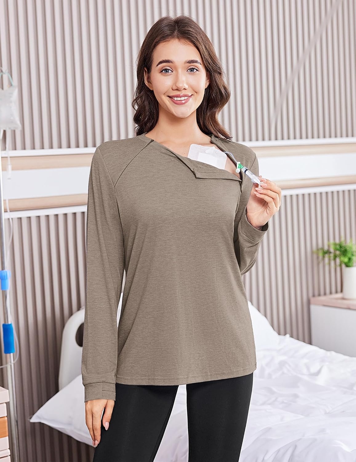 image:imageDeyeek Chemo Shirts for Port Access Women Long Sleeve Shoulder Post Surgery Shirt Dialysis Sweatshirts with Arm ZipperLight Brown