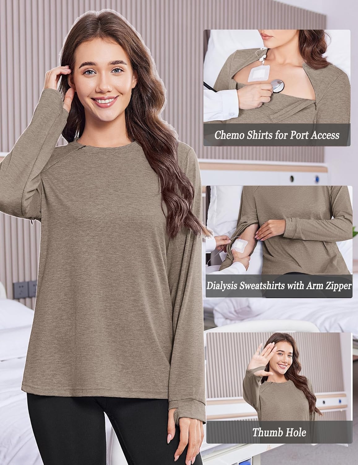 image:imageDeyeek Chemo Shirts for Port Access Women Long Sleeve Shoulder Post Surgery Shirt Dialysis Sweatshirts with Arm ZipperLight Brown