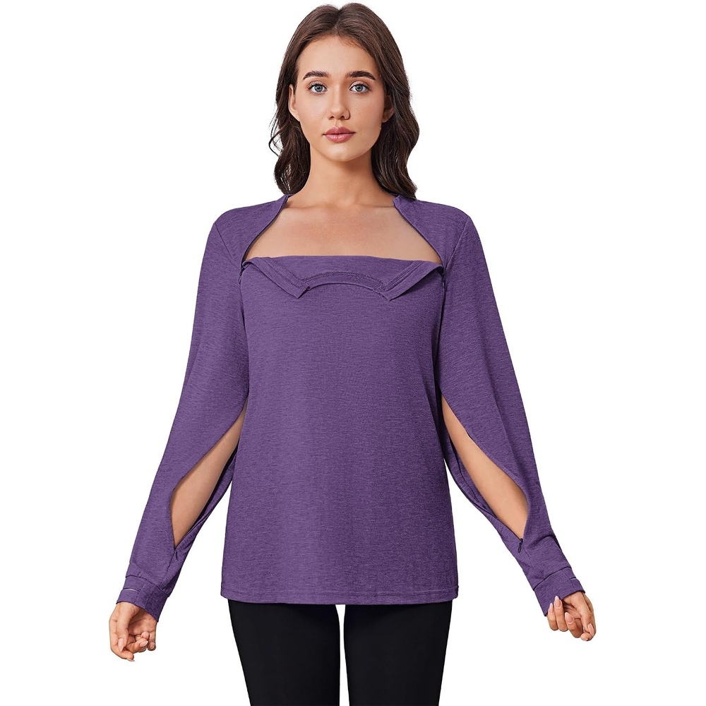 image:imageDeyeek Chemo Shirts for Port Access Women Long Sleeve Shoulder Post Surgery Shirt Dialysis Sweatshirts with Arm ZipperDeep Purple