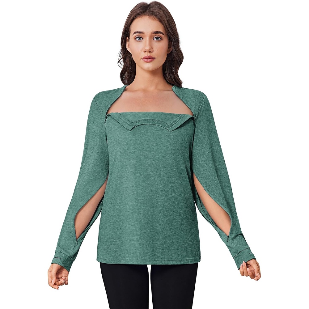 image:imageDeyeek Chemo Shirts for Port Access Women Long Sleeve Shoulder Post Surgery Shirt Dialysis Sweatshirts with Arm ZipperGreen