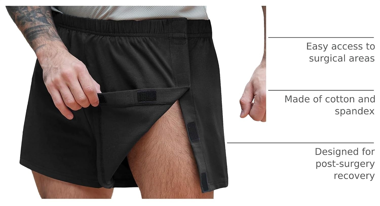 image:imageDeyeek Mens Tear Away Post Surgery Cotton Shorts 3inchBlack