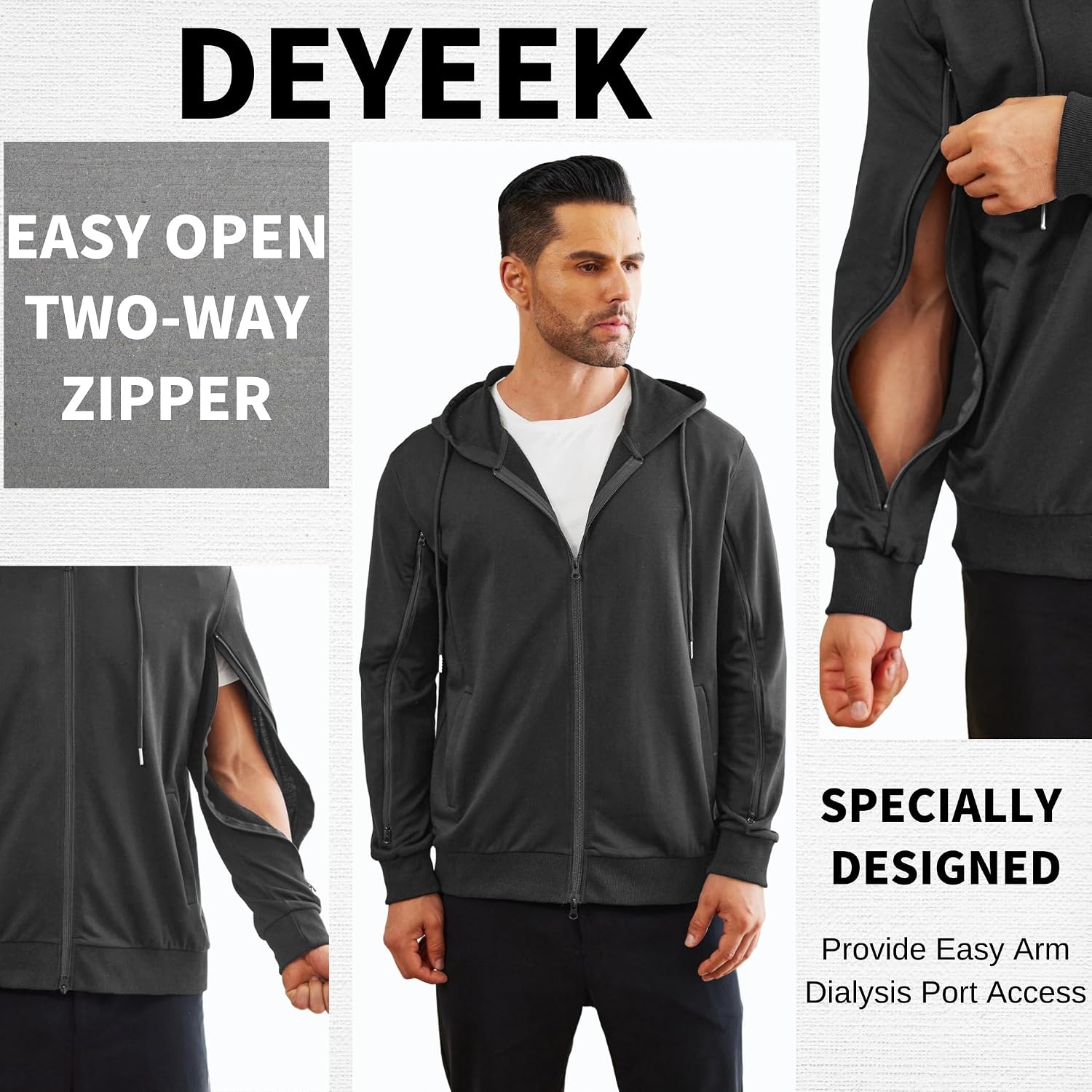 image:imageDeyeek Dialysis Sweatshirt with Arm Zipper Full Zip Dialysis Hoodie JacketDark Grey