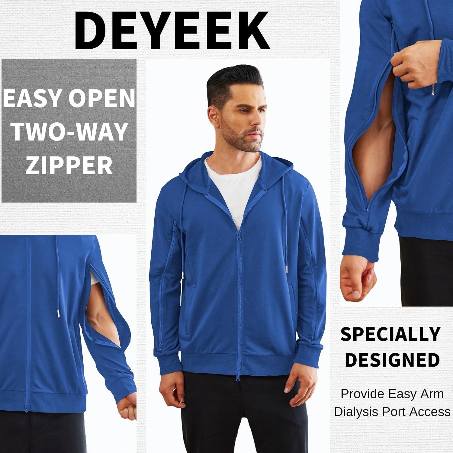 image:imageDeyeek Dialysis Sweatshirt with Arm Zipper Full Zip Dialysis Hoodie JacketRoyal Blue