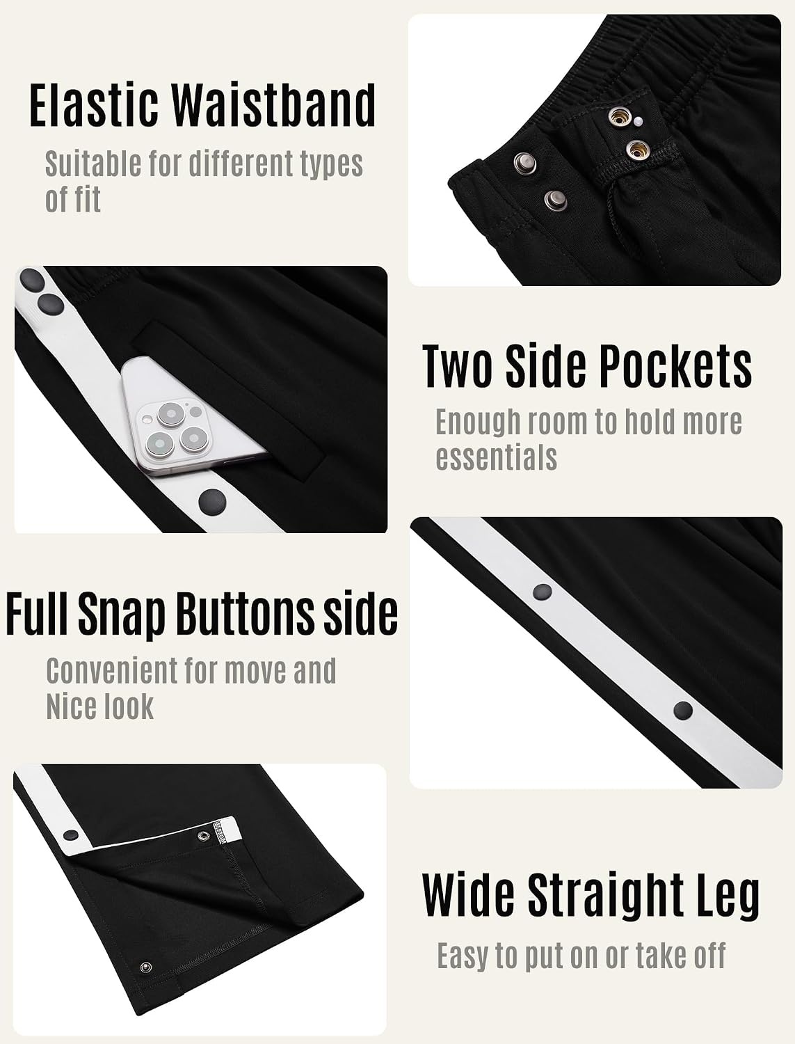 image:imageDeyeek Tear Away Pants for Women Side Split Snap Open Bottom Sweatpants LegBlack