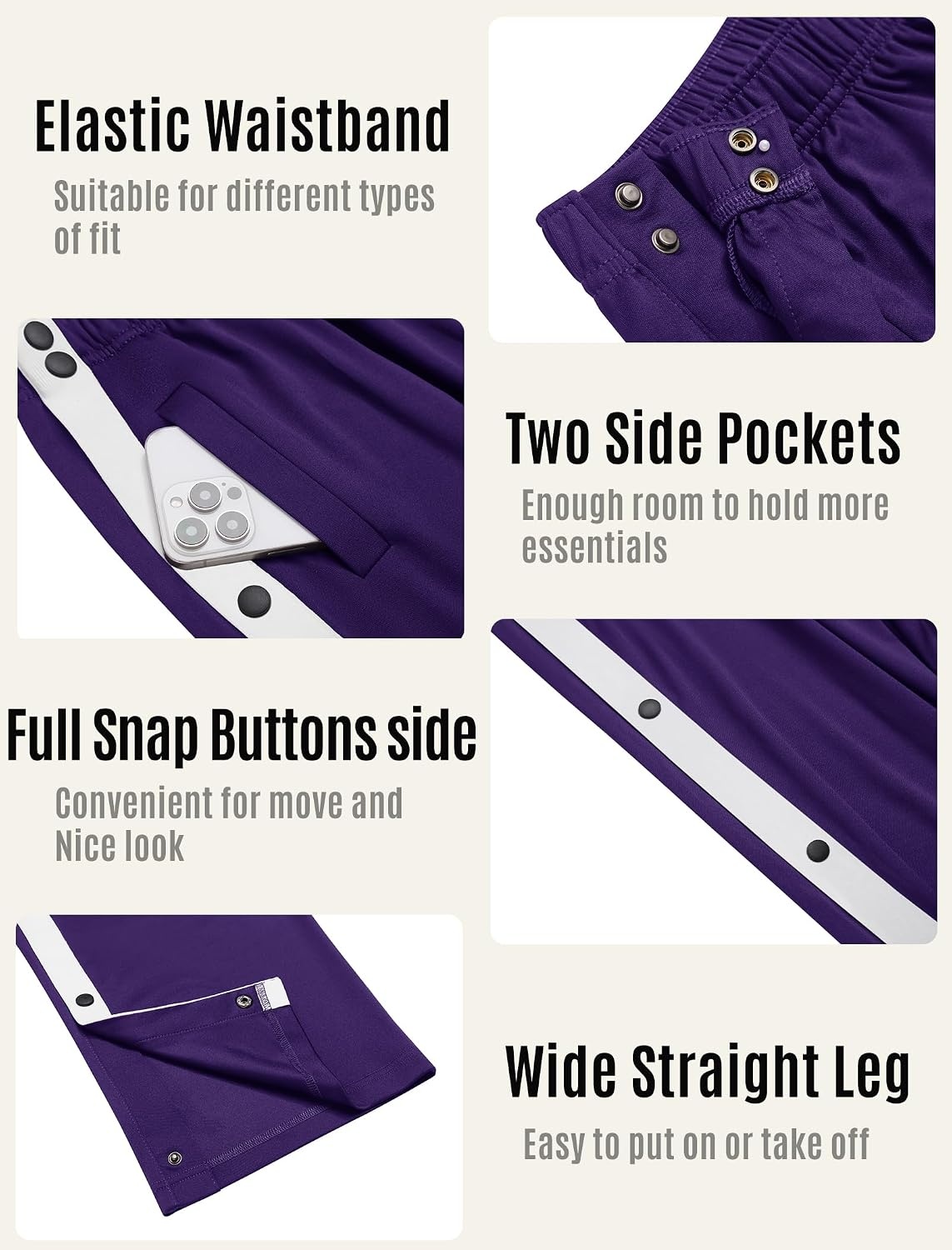 image:imageDeyeek Tear Away Pants for Women Side Split Snap Open Bottom Sweatpants LegDark Purple