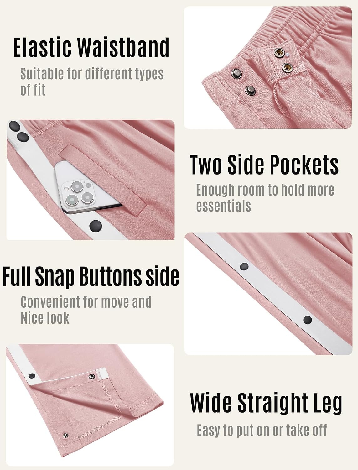 image:imageDeyeek Tear Away Pants for Women Side Split Snap Open Bottom Sweatpants LegDeep Pink