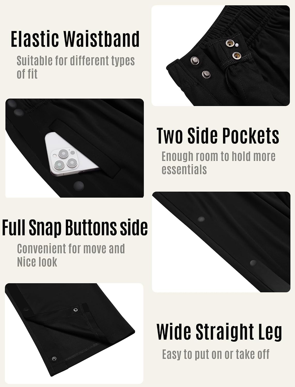 image:imageDeyeek Tear Away Pants for Women Side Split Snap Open Bottom Sweatpants LegPure Black