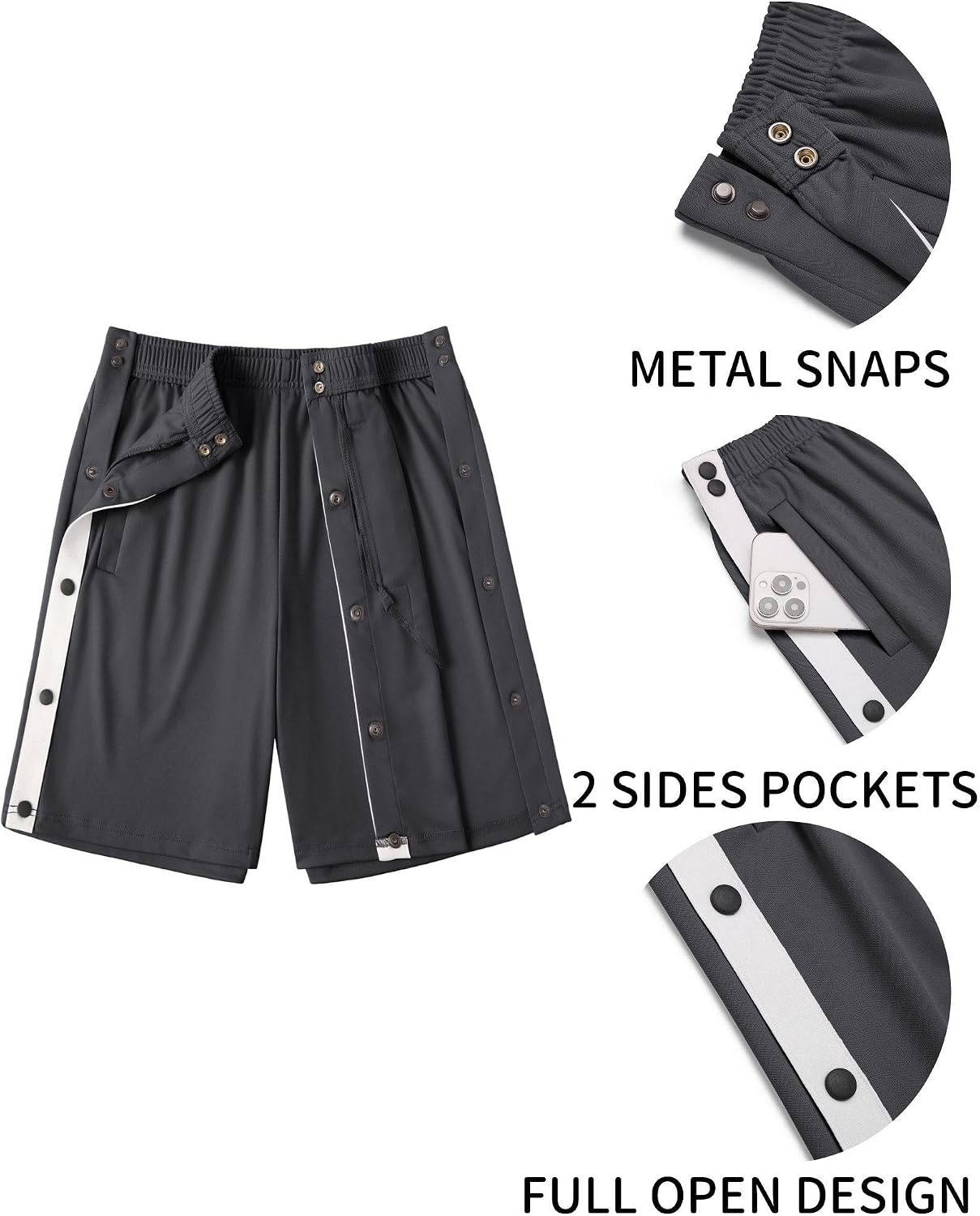 image:imageDeyeek Womens Tear Away Side Split Snap Shorts Post Surgery with PocketsDark Grey