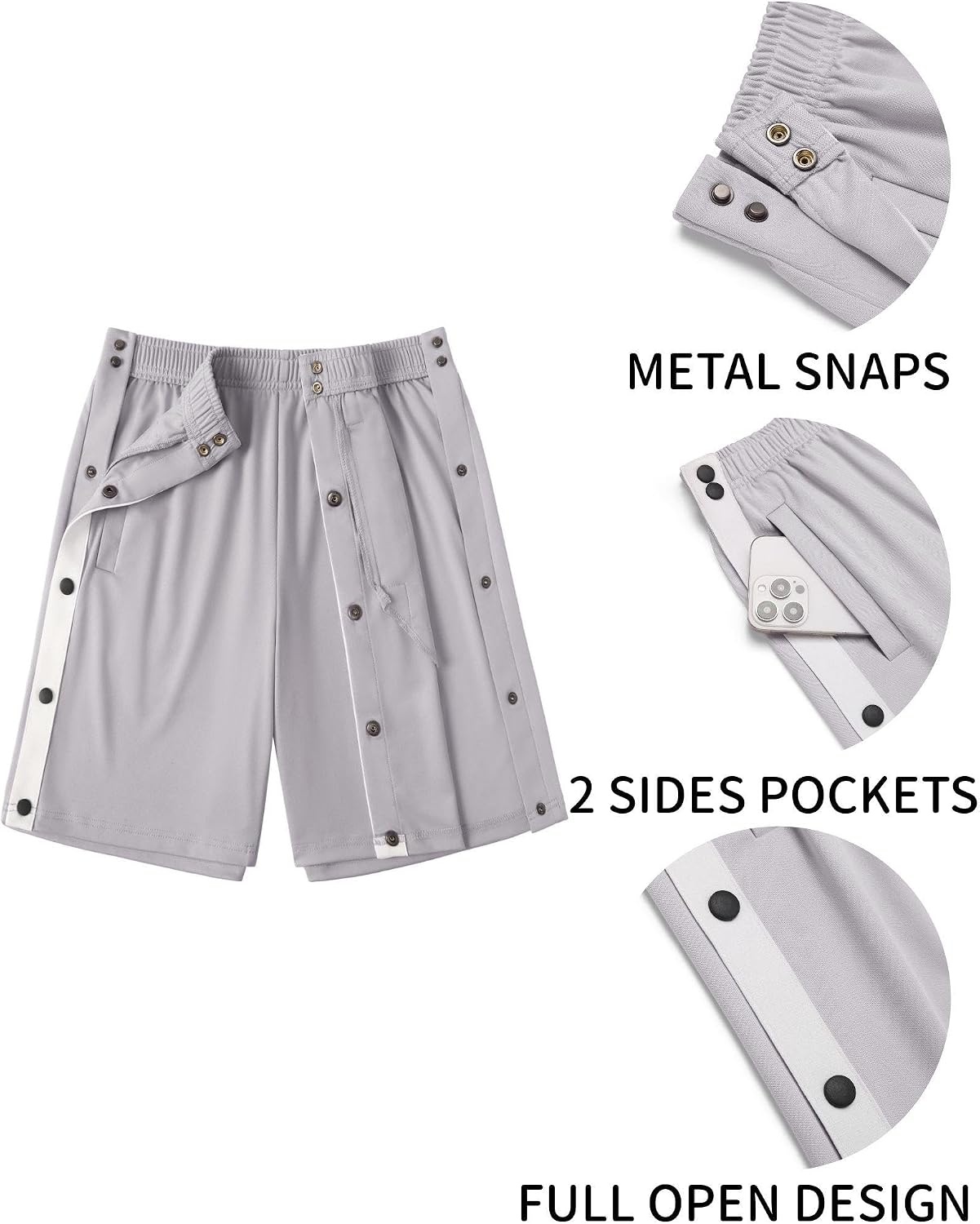 image:imageDeyeek Womens Tear Away Side Split Snap Shorts Post Surgery with PocketsLight Grey
