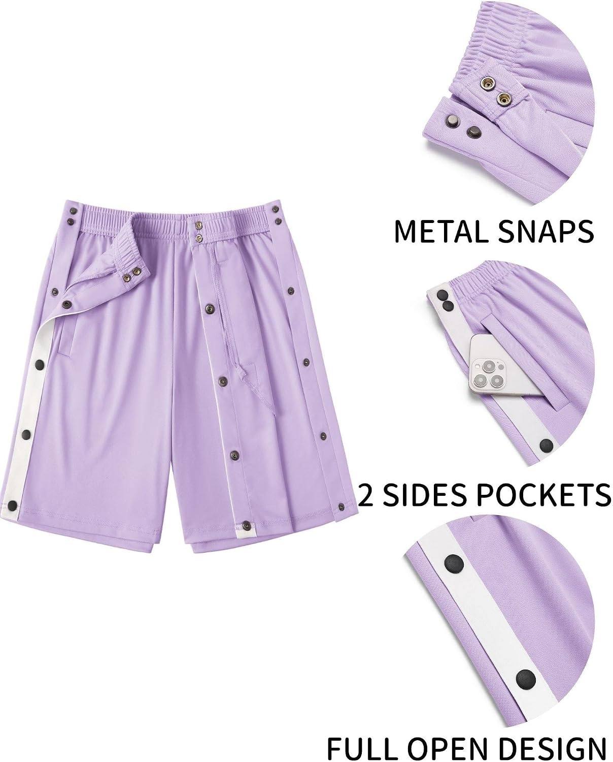 image:imageDeyeek Womens Tear Away Side Split Snap Shorts Post Surgery with PocketsLight Purple