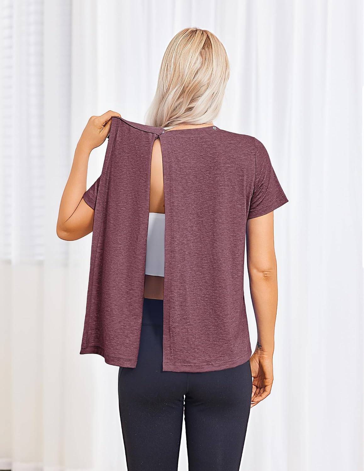 image:imageDeyeek Post Surgery Shirts for Women Tear Away Snap Open Back Hospital TopsBurgundy