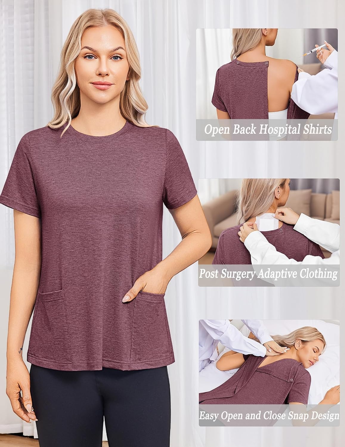 image:imageDeyeek Post Surgery Shirts for Women Tear Away Snap Open Back Hospital TopsBurgundy