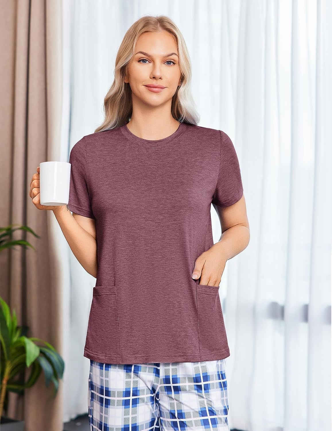 image:imageDeyeek Post Surgery Shirts for Women Tear Away Snap Open Back Hospital TopsBurgundy