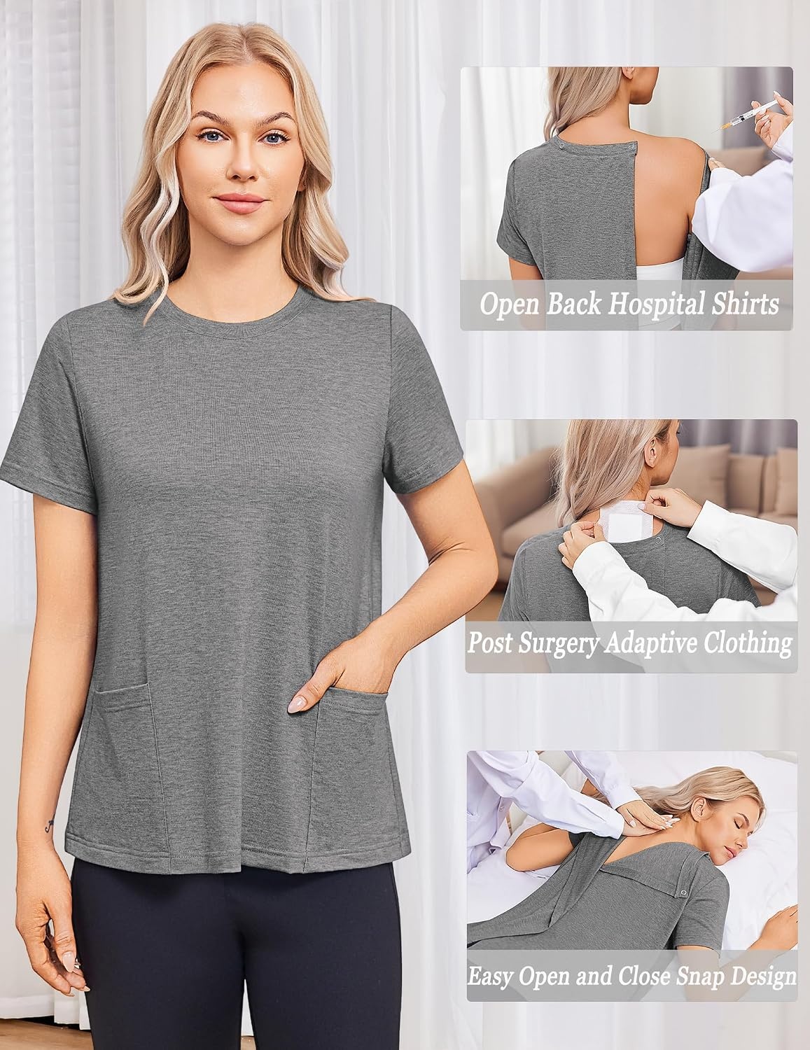 image:imageDeyeek Post Surgery Shirts for Women Tear Away Snap Open Back Hospital TopsGrey
