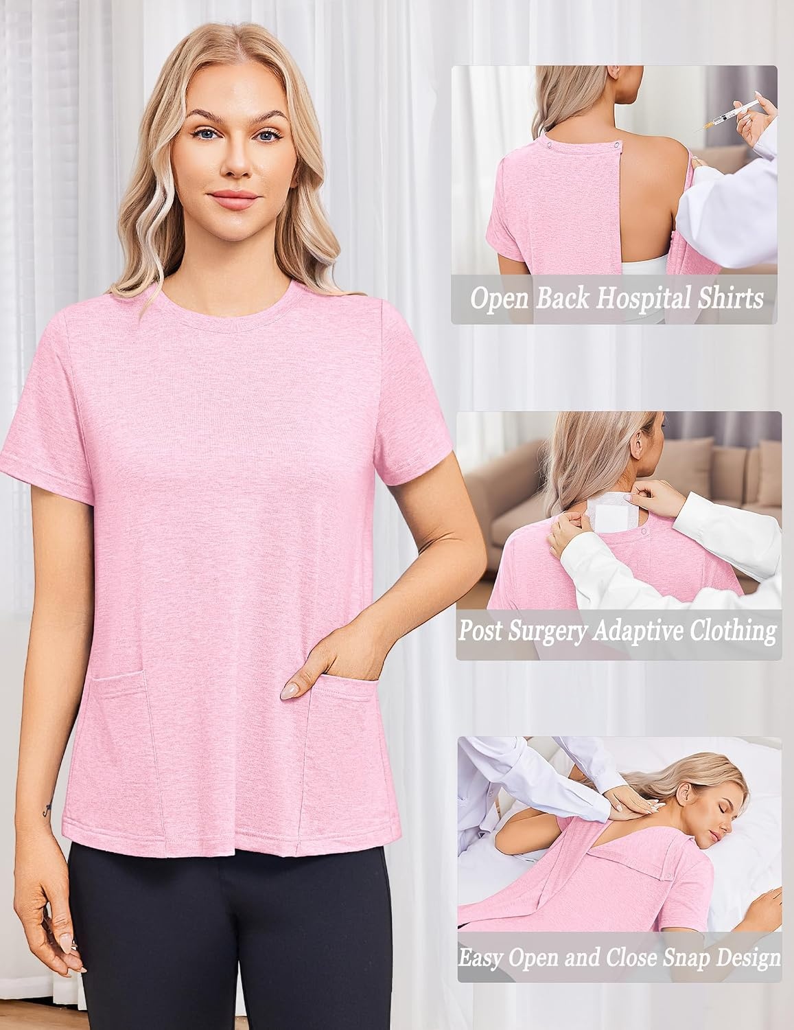 image:imageDeyeek Post Surgery Shirts for Women Tear Away Snap Open Back Hospital TopsPink