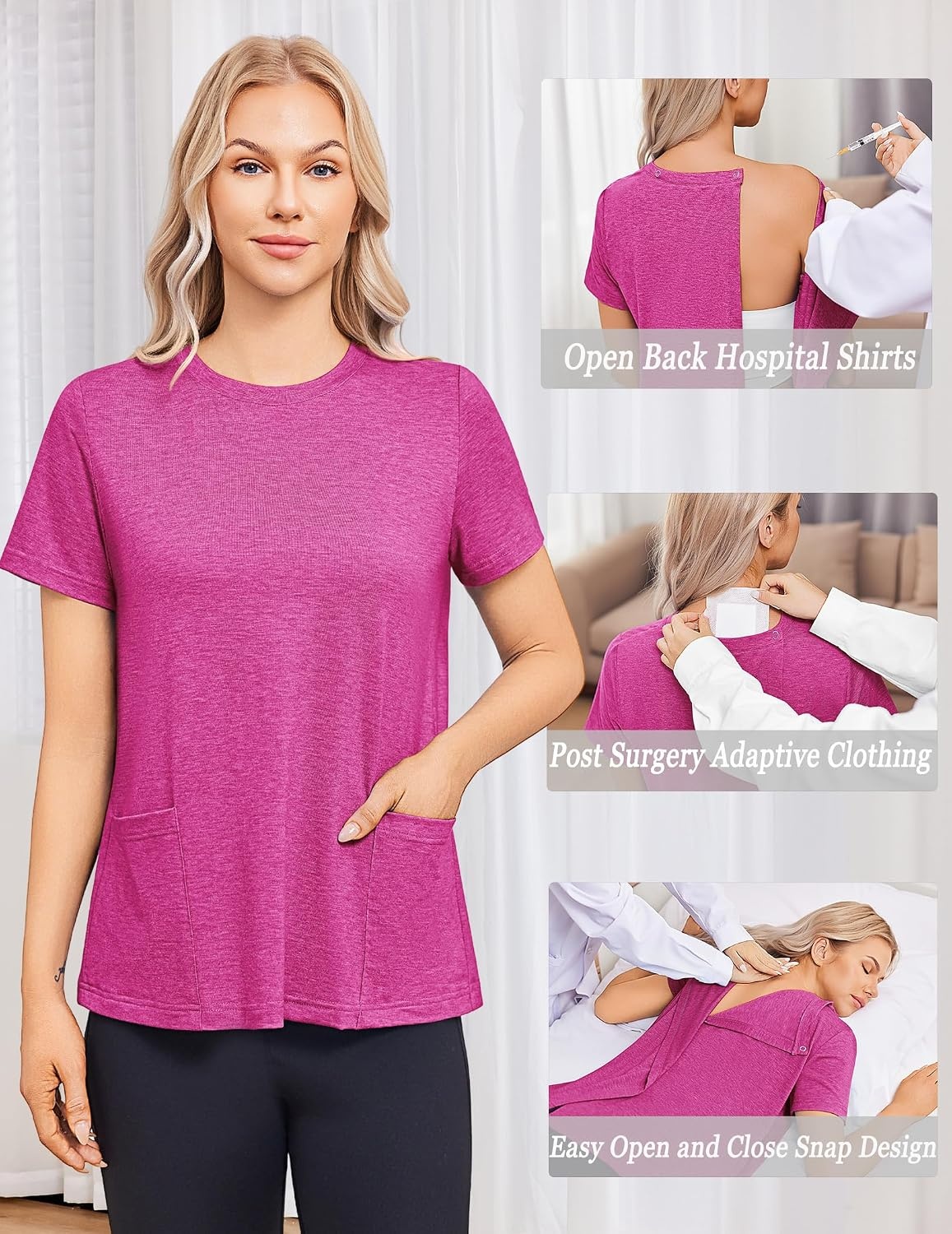 image:imageDeyeek Post Surgery Shirts for Women Tear Away Snap Open Back Hospital TopsRose Red