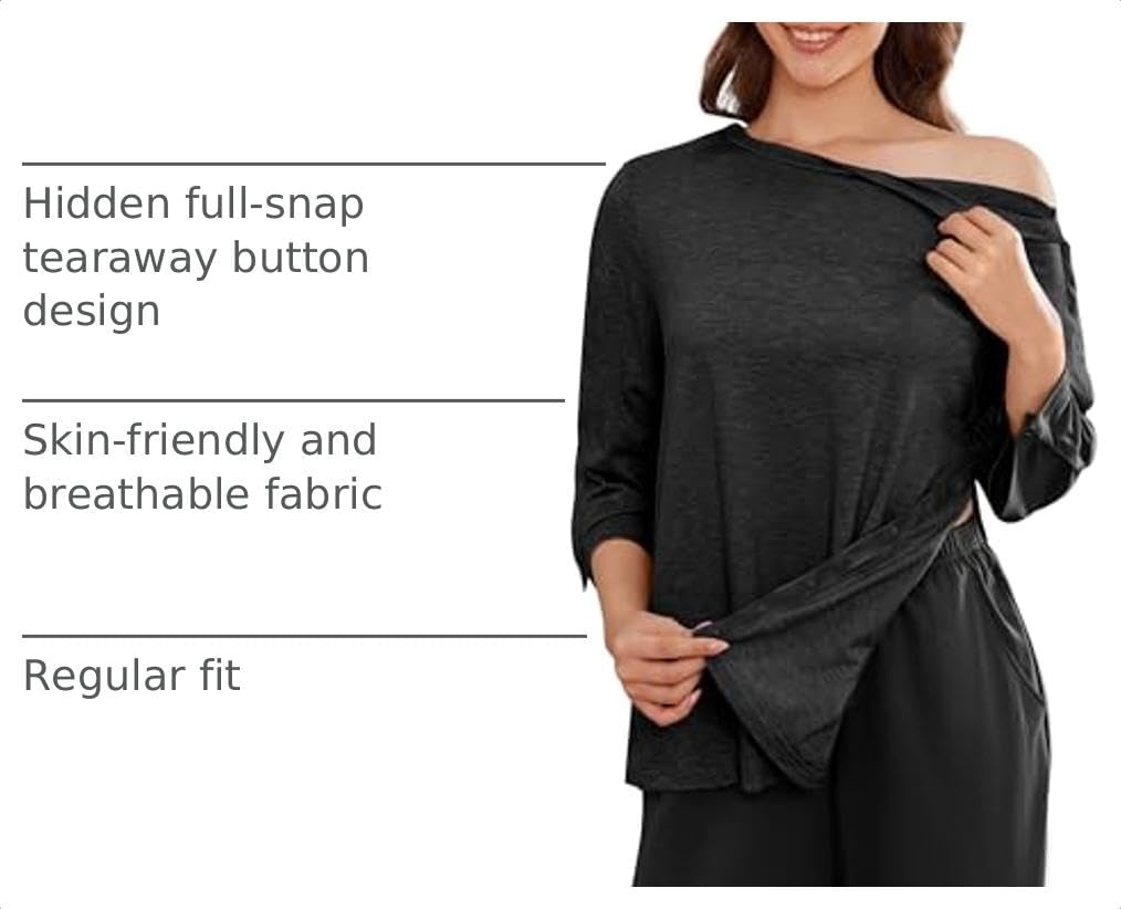 image:imageDeyeek Womens Post Shoulder Surgery Shirts Tear Away 34 Snap TopsBlack
