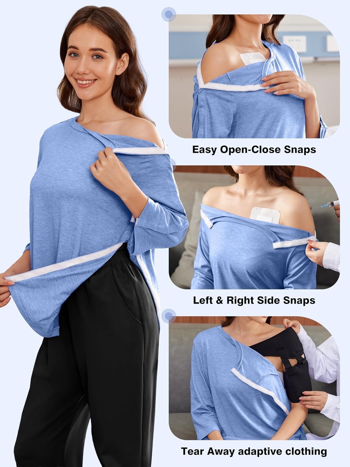 image:imageDeyeek Womens Post Shoulder Surgery Shirts Tear Away 34 Snap TopsBlue