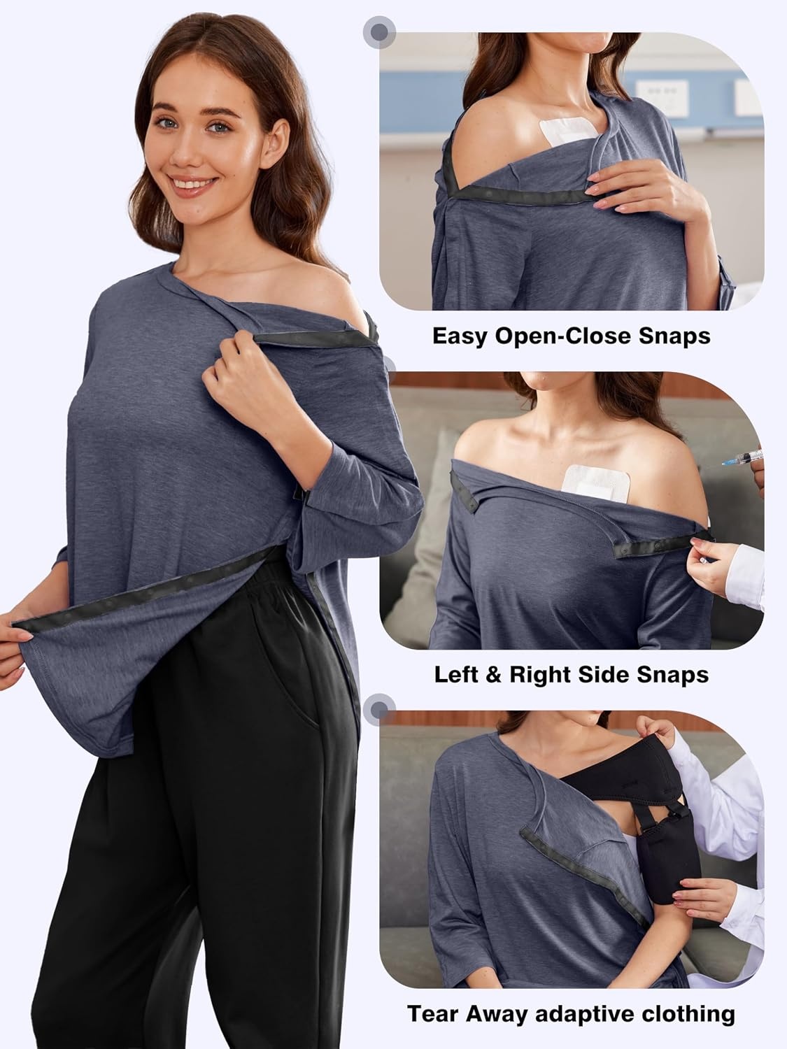 image:imageDeyeek Womens Post Shoulder Surgery Shirts Tear Away 34 Snap TopsBlue Purple