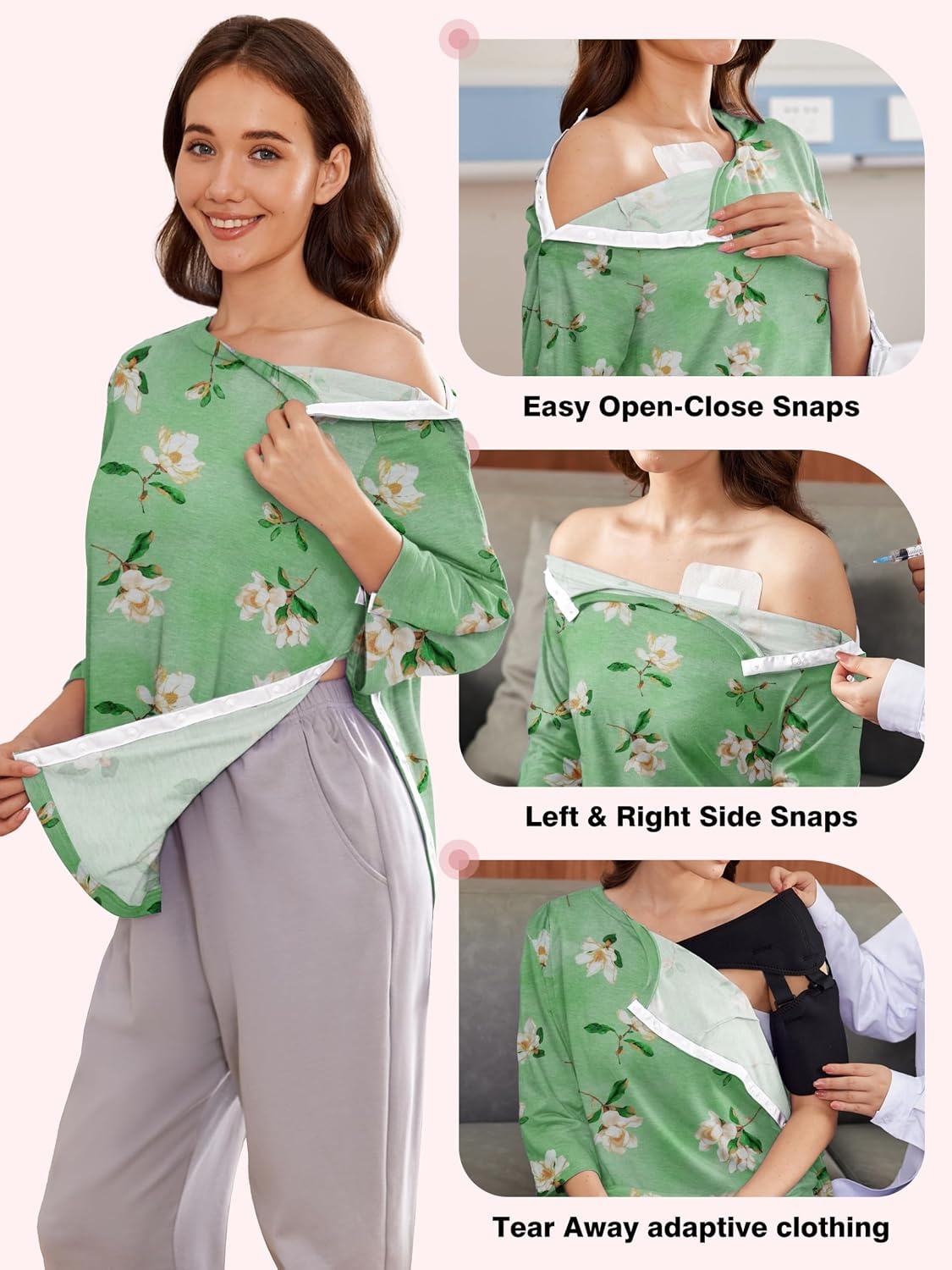image:imageDeyeek Womens Post Shoulder Surgery Shirts Tear Away 34 Snap TopsGreen Print