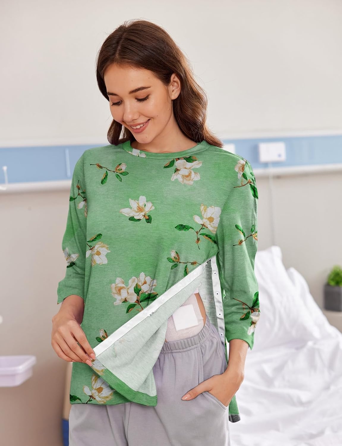 image:imageDeyeek Womens Post Shoulder Surgery Shirts Tear Away 34 Snap TopsGreen Print