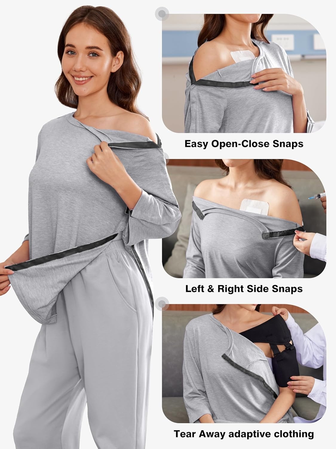 image:imageDeyeek Womens Post Shoulder Surgery Shirts Tear Away 34 Snap TopsLight Grey